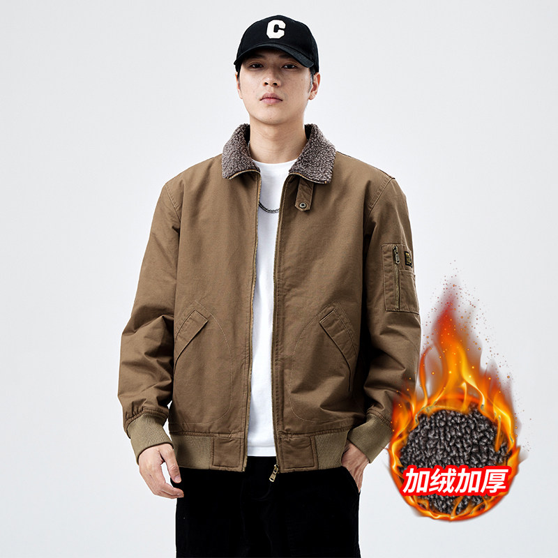 冬季羊羔绒棉衣男美式复古工装纯棉棒球服加绒加厚飞行员棉服夹克