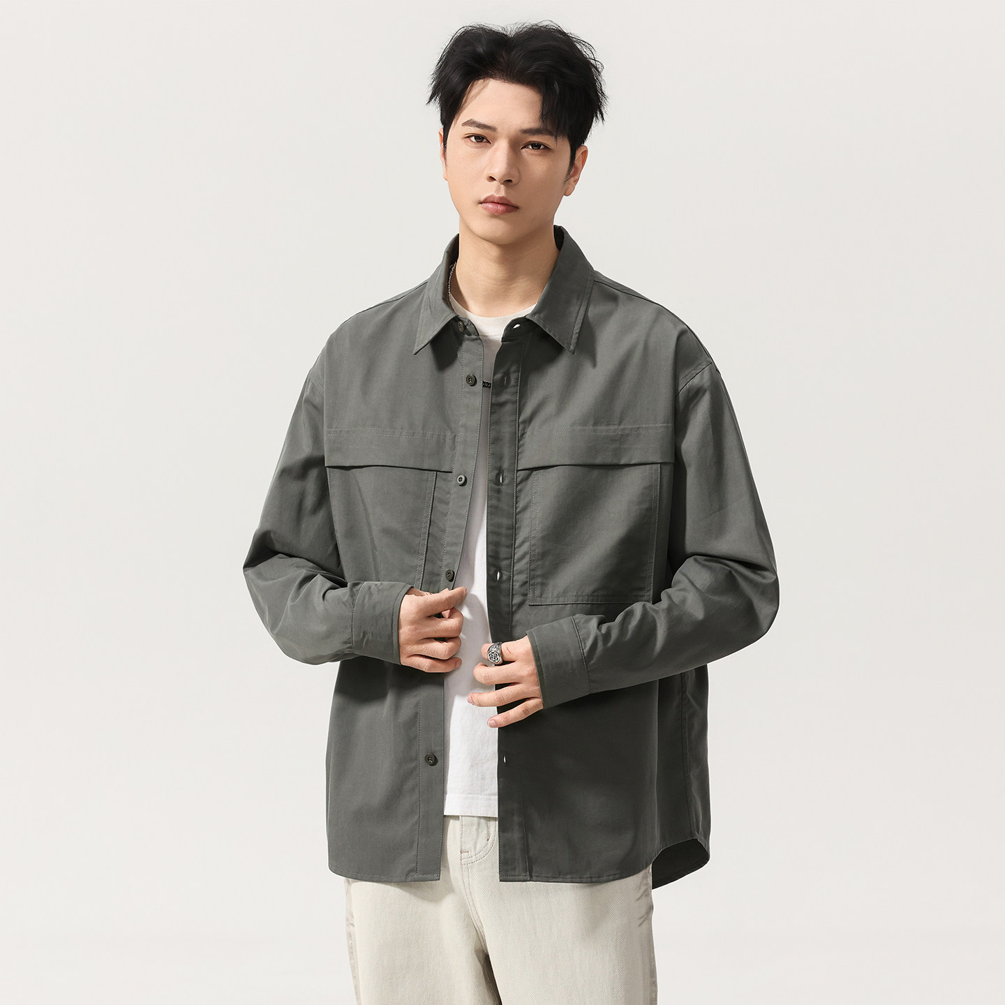 美式复古天丝莱赛尔混纺长袖衬衫男2026春季潮牌宽松工装衬衣外套