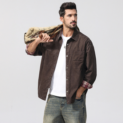 秋季宽松两面穿格子衬衫男长袖