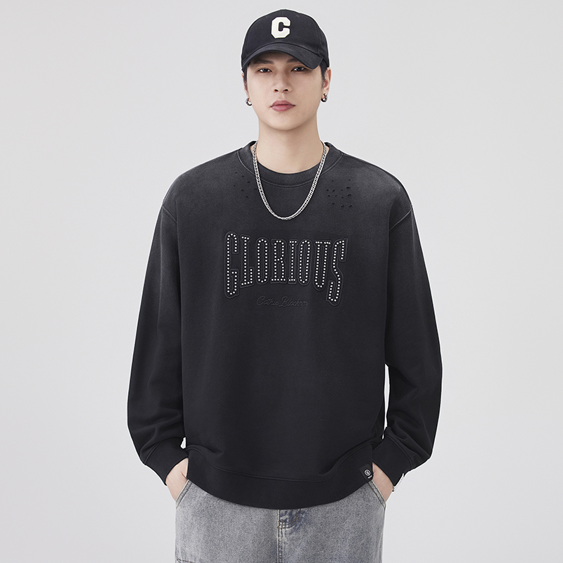 秋季做旧渐变洗水破洞圆领卫衣男