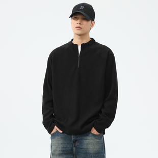 半拉链硬汉上衣 T恤男2024秋季 美式 复古400g重磅欧棉绒华夫格长袖