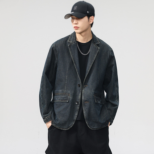 宽松牛仔西服 外套男2025秋季 美式 复古重工做旧水洗平驳领牛仔西装