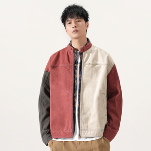 美式复古机车重工哈灵顿外套男2025秋冬宽松潮牌撞色拼接工装夹克