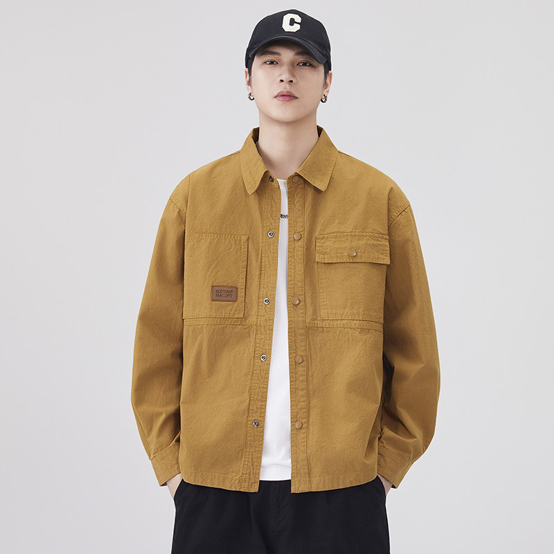 美式重磅高密精梳纯棉水洗工装衬衫男2025秋季宽松长袖衬衣外套潮