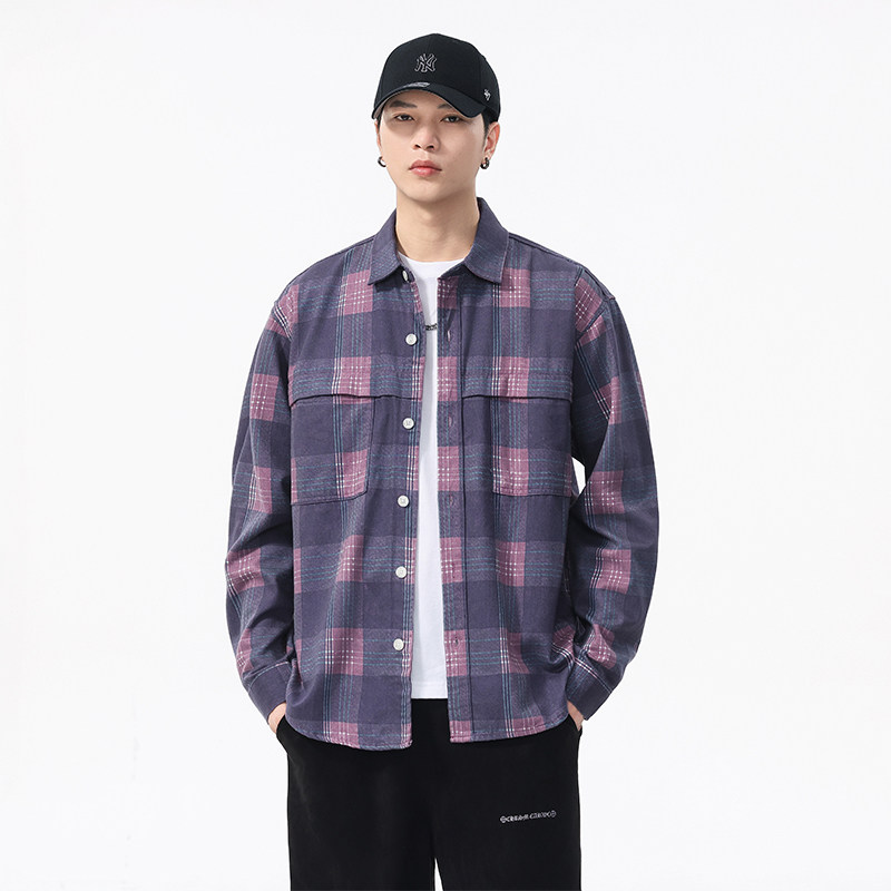 美式复古紫色莱赛尔格子长袖衬衫男2025秋季新款宽松休闲衬衣外套