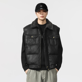 美式复古保暖羊羔毛领皮衣马甲男2025冬季加厚休闲拉链棉服背心潮