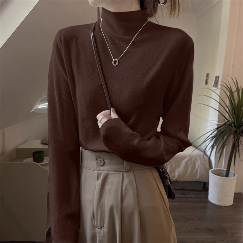 德绒半高领打底衫女秋冬棕色修身内搭长袖2025新款时尚洋气时髦