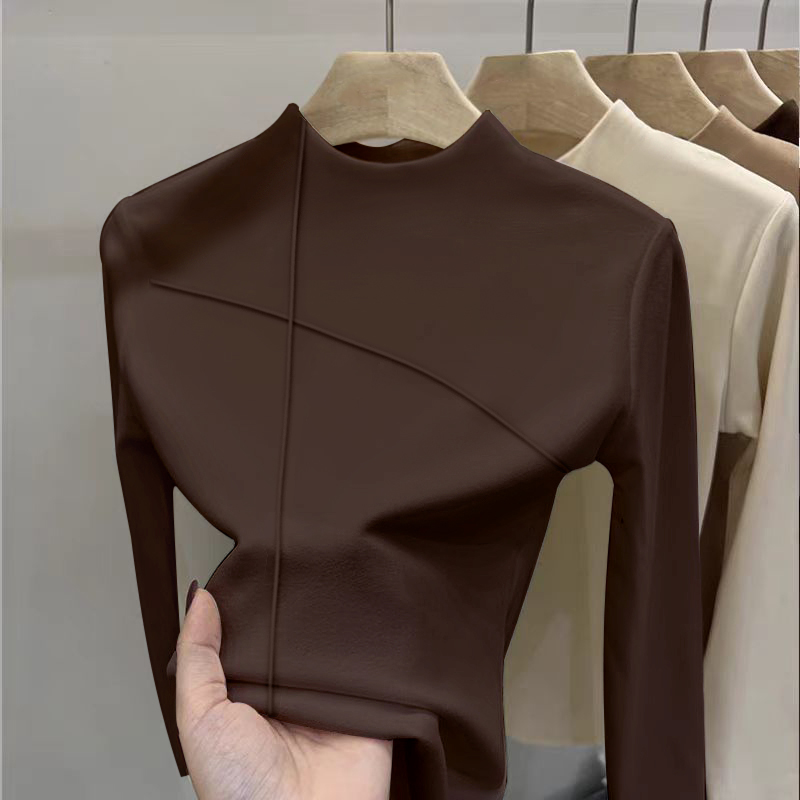 德绒加厚加绒棕色半高领打底衫女秋冬内搭新款上衣时尚洋气高级感