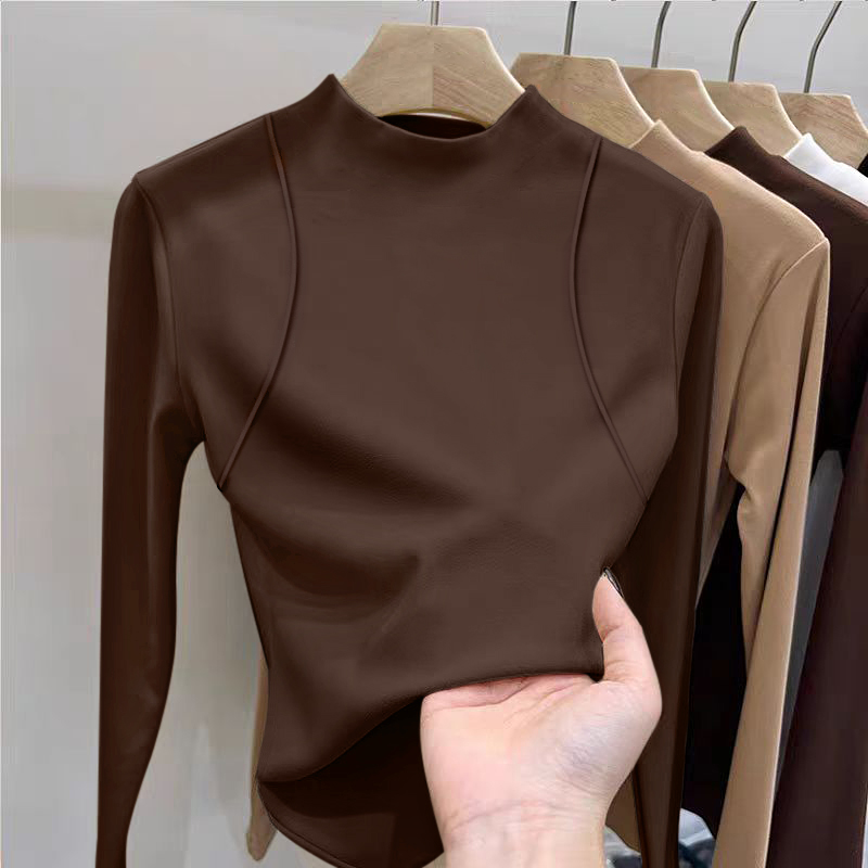 德绒加厚加绒独特别致打底衫气质洋气棕色内搭秋冬修身长袖女新款