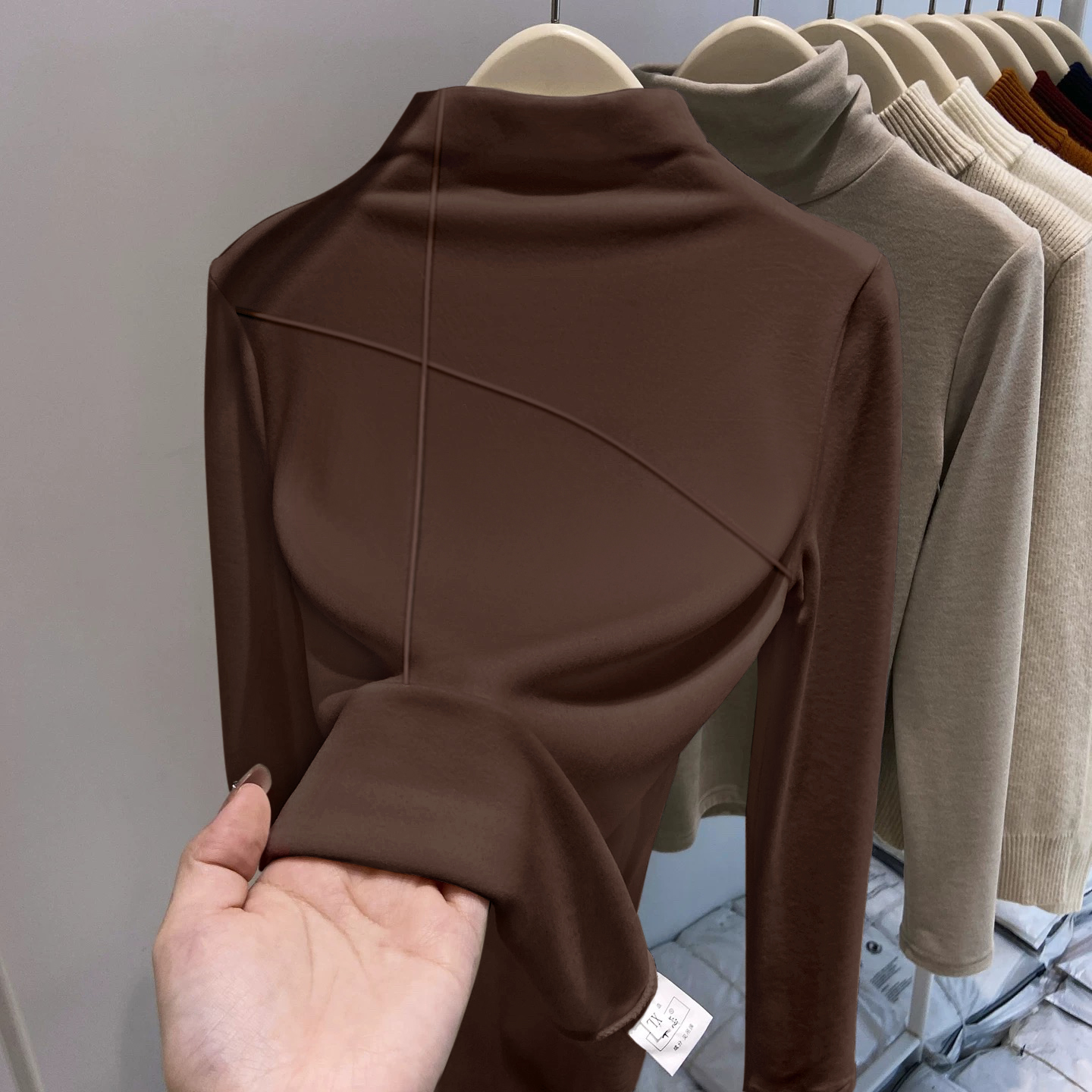 加厚加绒发热德绒半高领打底衫女秋冬棕色内搭修身上衣高级感洋气