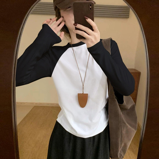 不规则插肩撞色长袖T恤女2026年春季新款内搭打底衫韩版显瘦上衣