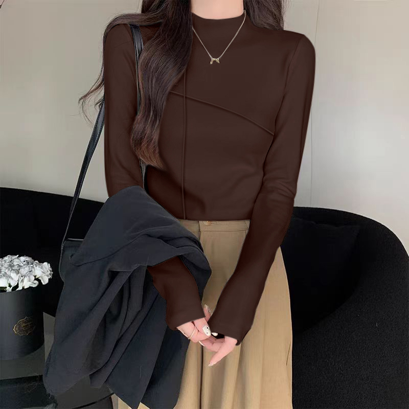 双面德绒加厚半高领修身打底衫女2025新款棕色内搭秋冬季高级感