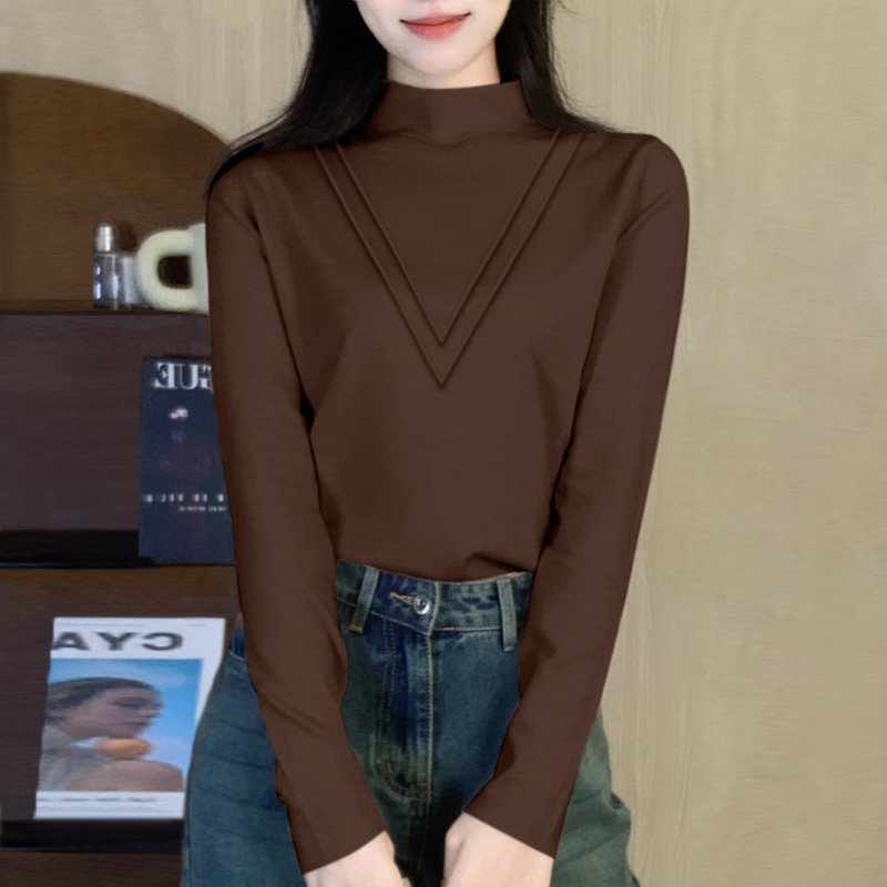 德绒加厚加绒棕色半高领长袖漂亮时尚的打底衫女内搭秋冬2025新款