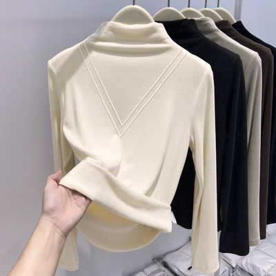 加绒加厚德绒杏色修身半高领打底衫2025新款女秋冬时尚洋气时髦
