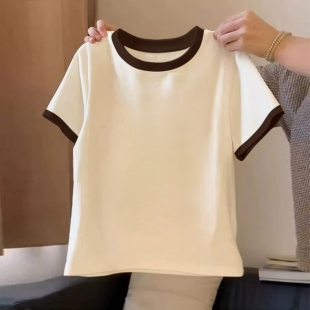 t恤女设计感小众上衣2026年新款 棕色正肩撞色小个子纯棉短款 短袖