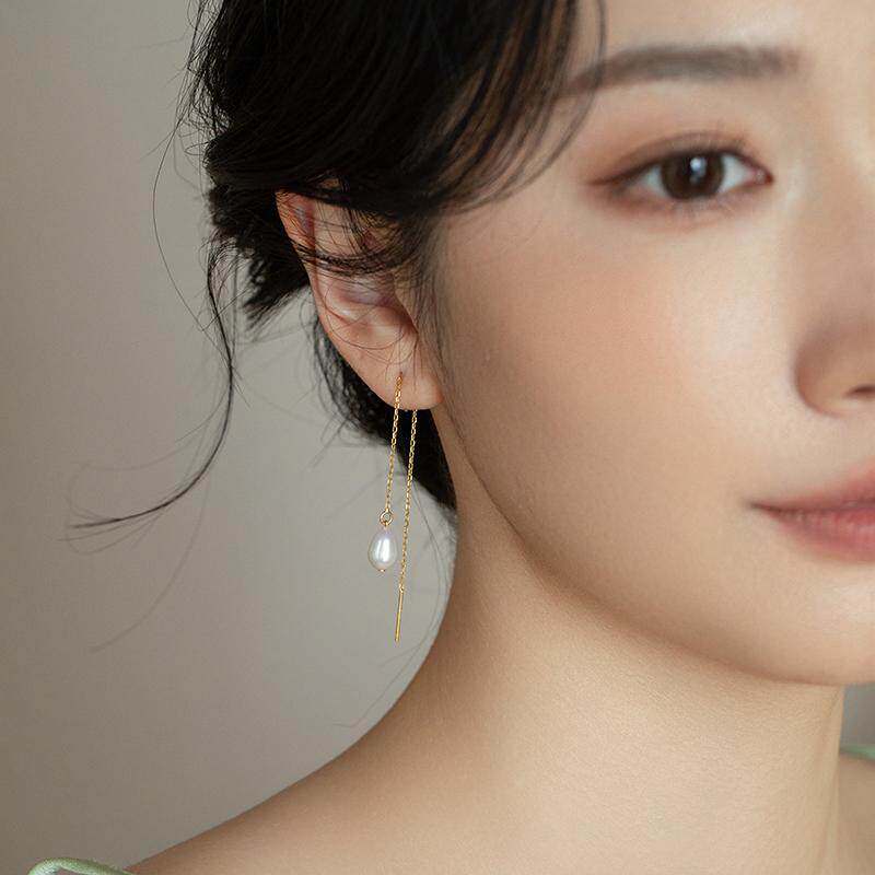 925纯银天然珍珠耳线耳饰ins极简风轻奢大气淑女长款耳坠显脸瘦女