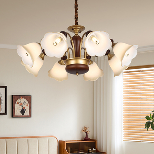 朝下中古风吊灯客厅灯主灯低层高餐厅卧室灯美式复古胡桃木色吊灯