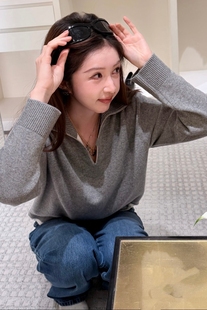 2026早春新款女款时尚休闲百搭翻领长袖毛衣宽松显瘦上衣舒适纯色