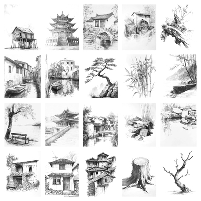 新思维大风景画册练习中小学儿童速写临摹本对画A5创意素描临摹卡