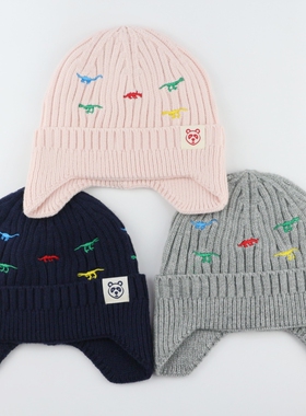 2025年秋冬新款百搭绣花恐龙双层儿童大童女童针织毛线帽护耳帽子