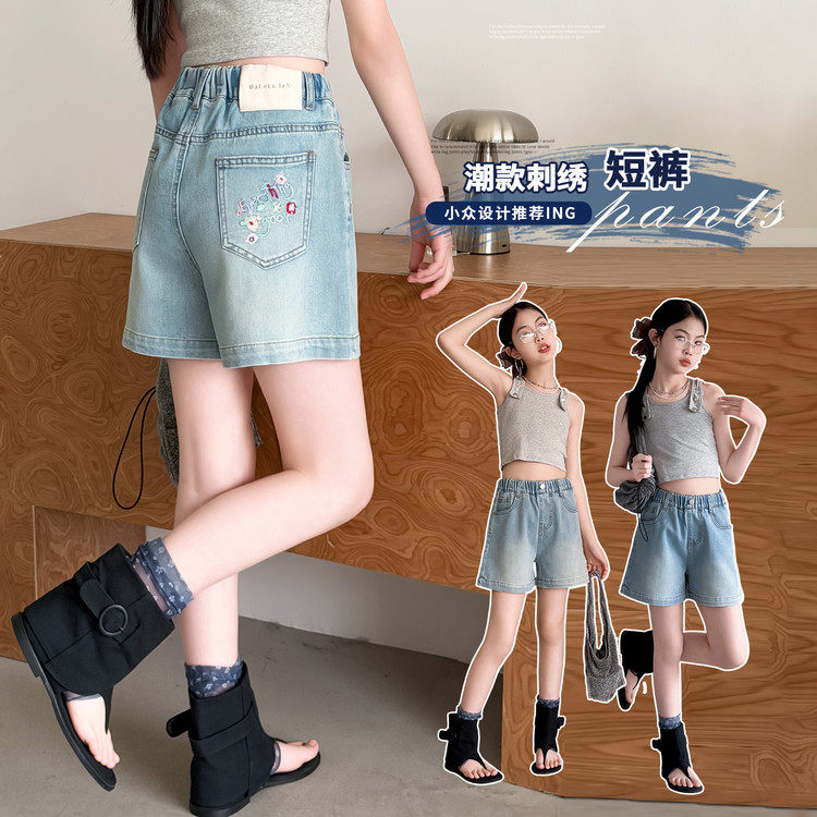 牛仔布刺绣无弹夏季女裤子