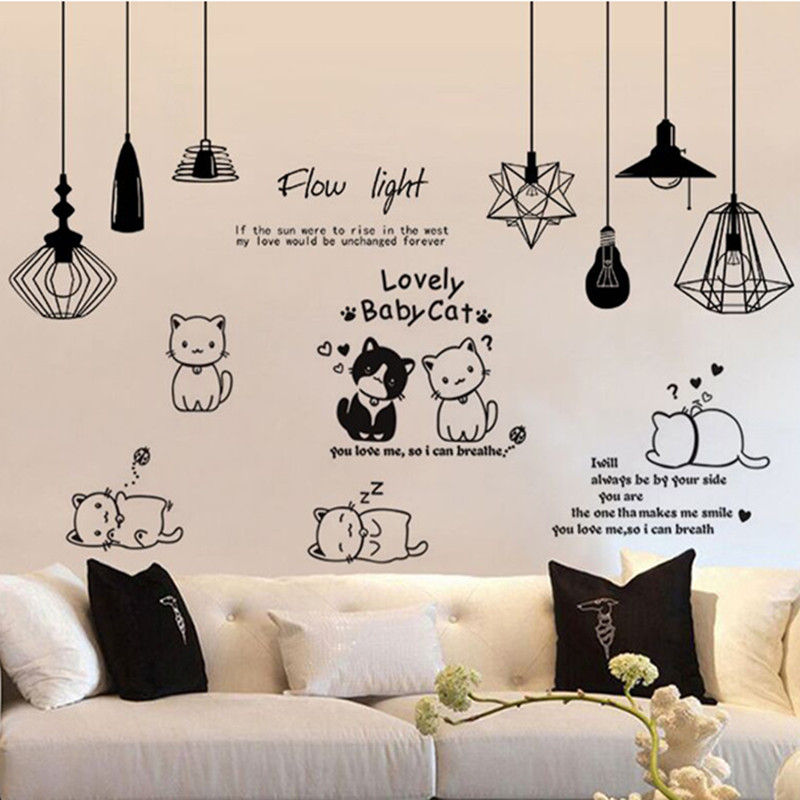ins墙贴纸创意黑白北欧房间宿舍装扮餐厅墙贴吊灯小猫咪自粘贴画