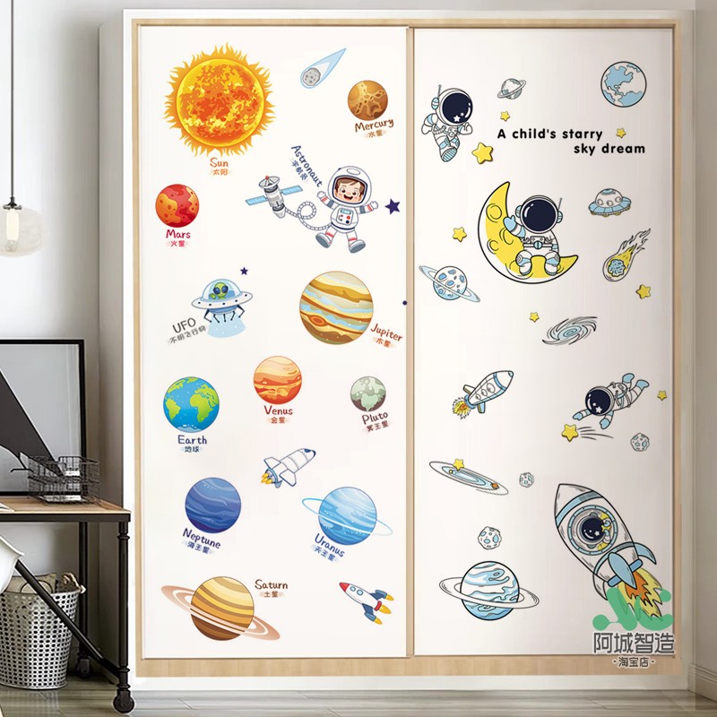 儿童房间布置卧室衣柜墙面遮丑装扮自粘墙贴男孩星空星球太空门贴