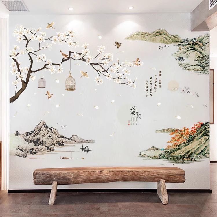 山水画贴画自粘3d立体墙贴中国风背景墙古风墙面装饰布置客厅贴纸