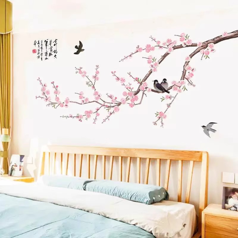 中式古典风桃花温馨春鸟图墙贴画客厅沙发电视背景墙装扮自粘贴画