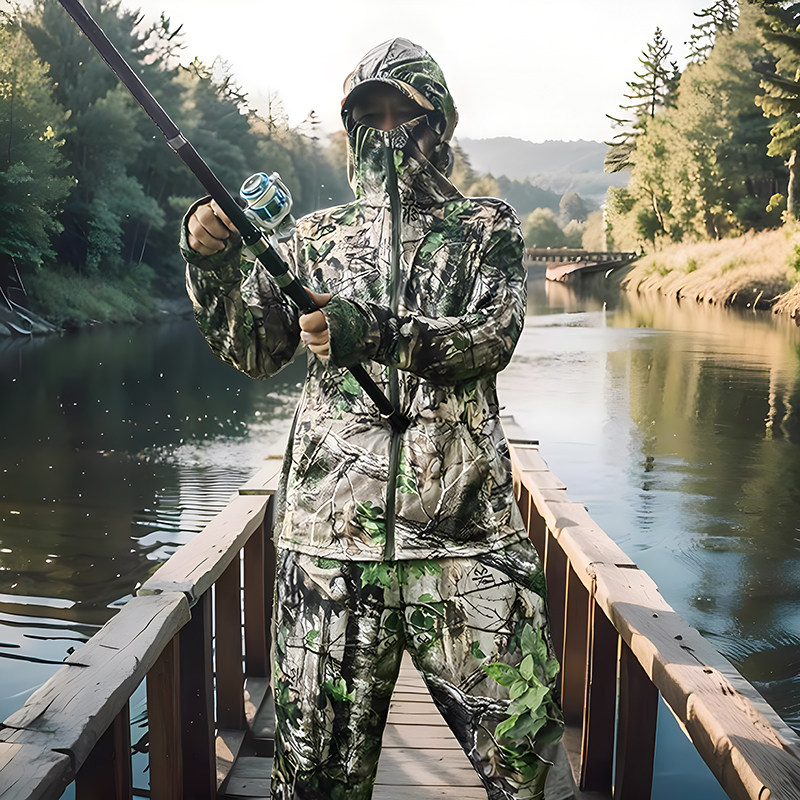 夏季薄款弹性冰丝透气仿生迷彩伪装防晒路亚钓鱼服伪装观鸟运动服