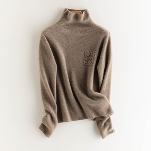 2025年冬新款100%山羊绒高领纯色高级感镂空花口袋设计感针织上衣