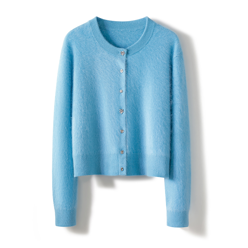 25秋冬新款韩式简约风蓝色圆领开衫女长袖针织毛衣外套山羊绒拉绒