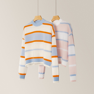 2025冬季新款撞色条纹圆领针织衫100%山羊绒宽松慵懒风撞色上衣