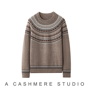 100%纯山羊绒费尔岛提花毛衣女圆领长袖针织复古圆领保暖针织衫
