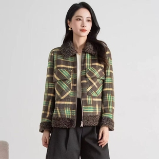 2025新款秋冬格子夹棉外套女春秋羊卷毛领拼接加厚短款毛呢子上衣