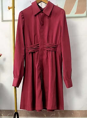 ON-ly 品牌正品折扣清仓红色连衣裙隐形扣春秋款长袖修身衬衫中裙