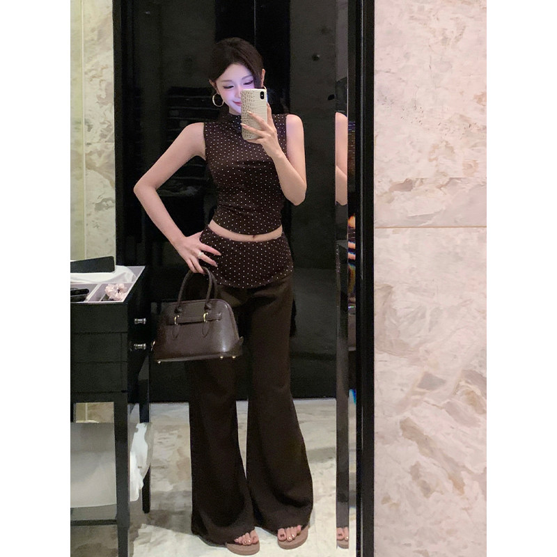 2026早秋新款美式辣妹套装女显瘦波点无袖上衣+拼接阔腿裤两件套