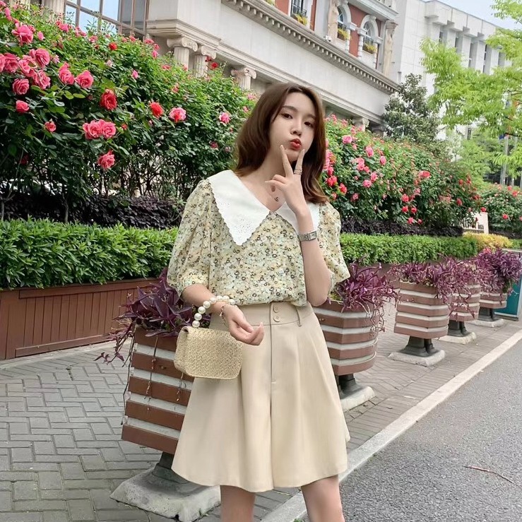 法式复古雪纺衫女2020夏装新款娃娃领宫廷风百搭泡泡袖上衣XC6323