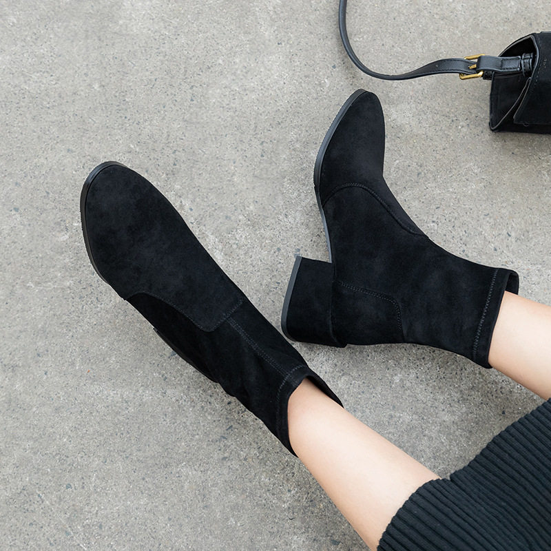 SMALL BOOTIES BLOCK HEELS 2024 NEW VERSATILE SPRING AND AUTUMN WINTER SINGLE BOOTS HIGH HEELS WOMENS SHOES STRETCH SKINNY MID-HEEL BOOTS