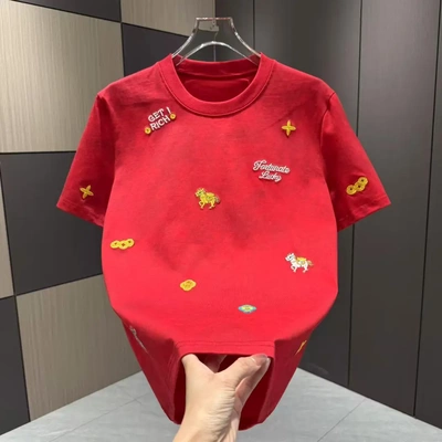 男士马年晕染刺绣圆领短袖T恤