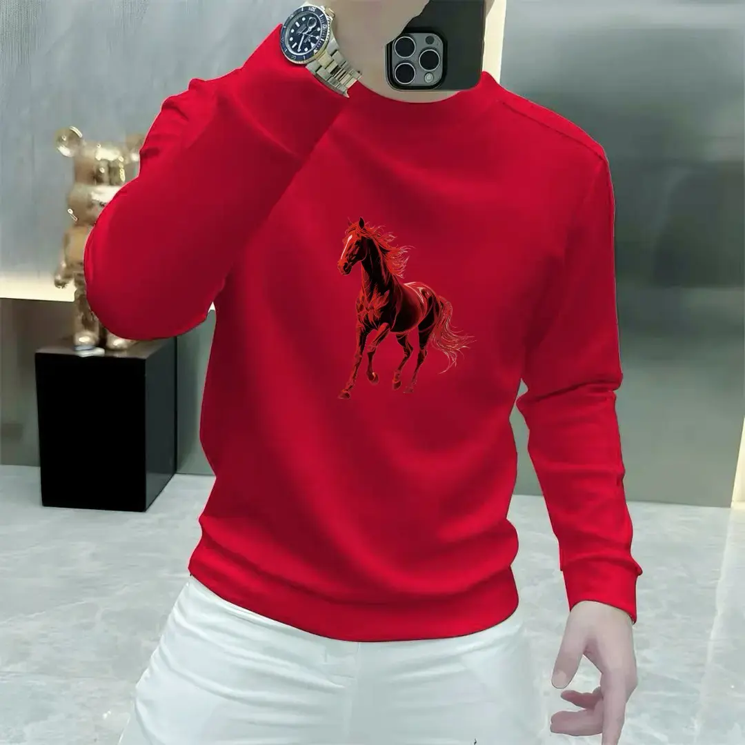 红色本命年印花卫衣男士秋冬2026新款潮流中国风马年时尚百搭上衣