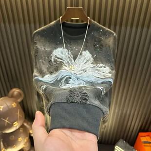 秋冬长袖卫衣新款曼陀罗花朵男款亮闪破洞男上衣爆款轻奢圆领潮流