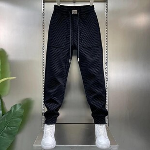 秋季潮牌时尚提花休闲裤男士弹力简约百搭修身黑色显瘦小脚哈伦裤