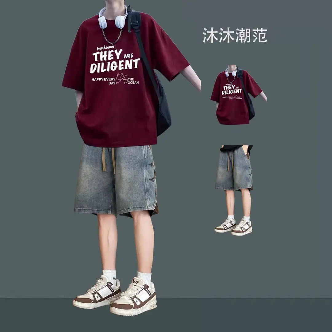 夏季男士T恤牛仔短裤两件套