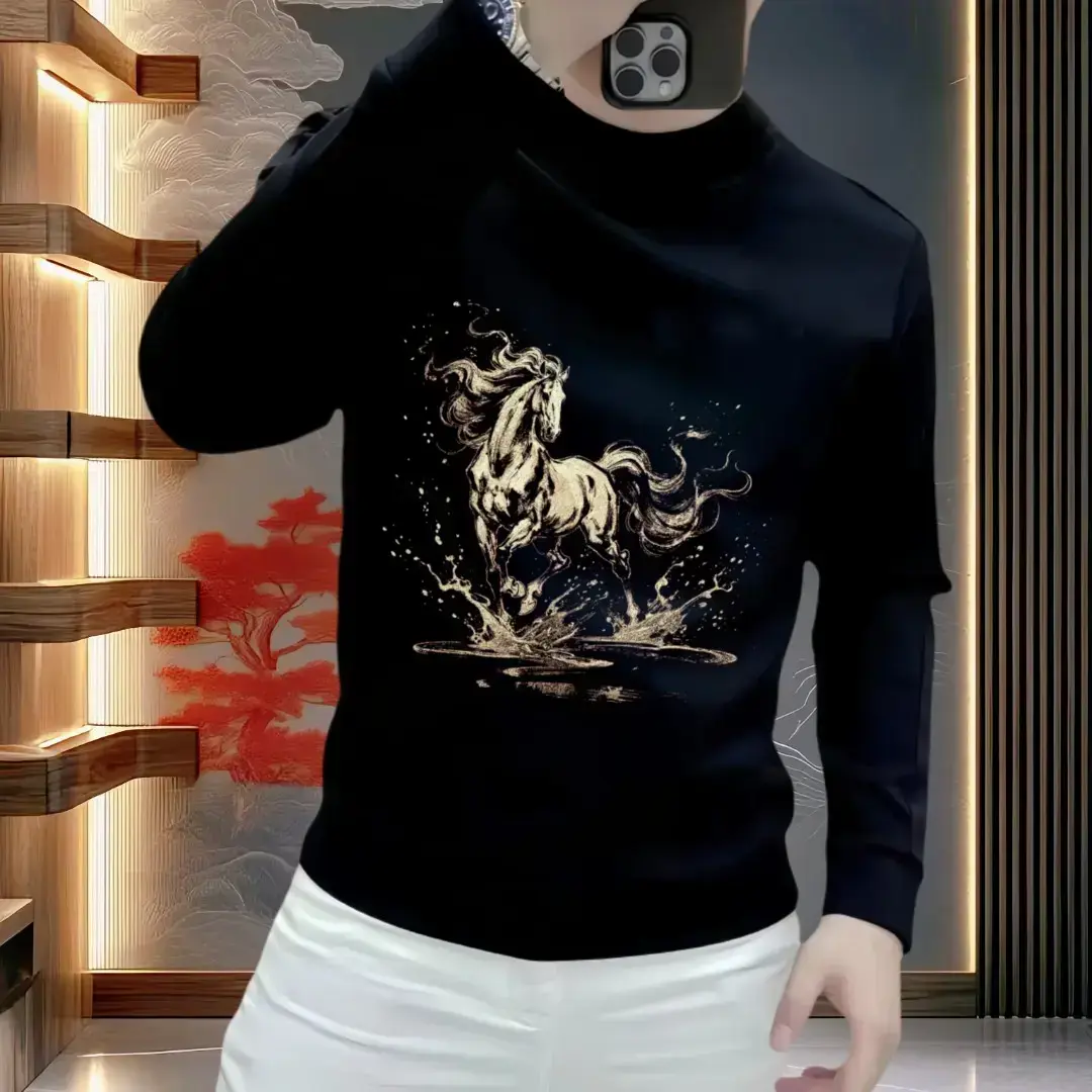 红色本命年印花卫衣男士秋冬2026新款潮流中国风马年时尚百搭上衣