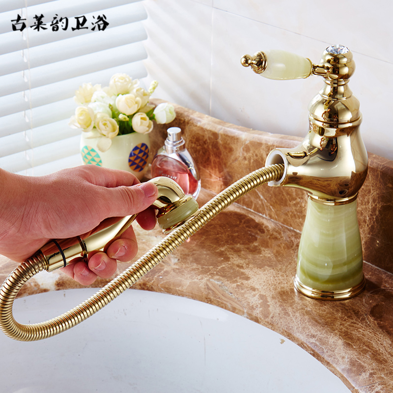欧式天然玉石龙头全铜抽拉式水龙头浴室台盆单孔面盆冷热水龙头|ruв категории награду материалов, туалетные принадлежности, кран в ванной, умывальник - от Buy2taobao.com для оказания профессиональной услуги покупки агента Taobao
