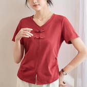 纯棉中式 V领盘扣宽松开叉上衣体恤 2025新款 国风正肩短袖 t恤女夏季