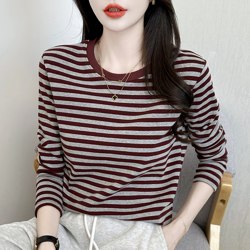 新款显瘦条纹内搭打底衫女秋冬季可外穿遮肚长袖上衣宽松休闲T恤