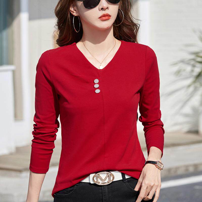 纯棉V领长袖t恤女春秋内搭鸡心领正肩休闲打底衫外穿宽松洋气上衣