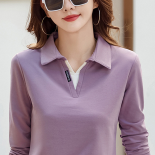 纯棉长袖t恤女秋新款舒适上衣二八月外穿polo翻领宽松体打底衫